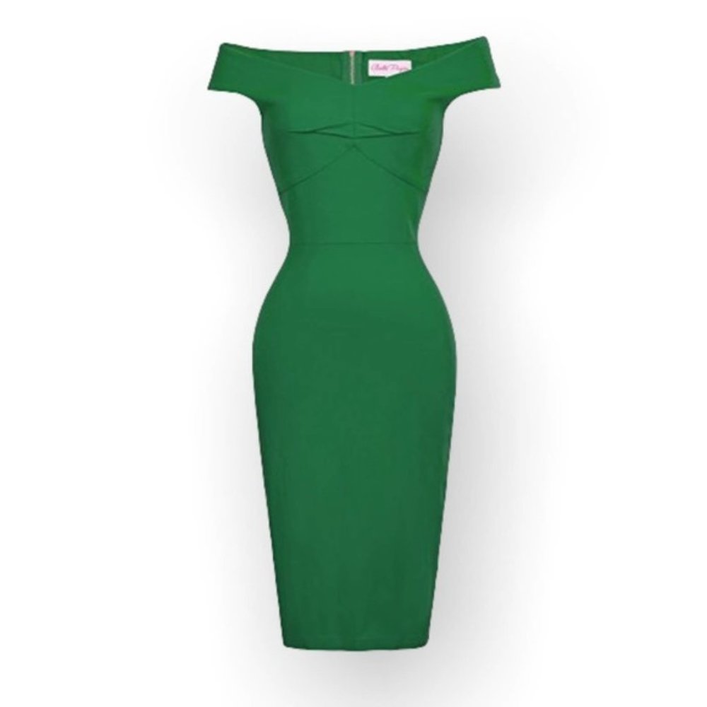 Belle Poque 50's-style Pinup Wiggle Green stretch off-shoulder bodycon dress